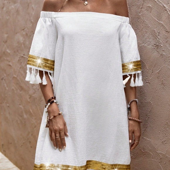 Off Shoulder Tassel Trim Dress - Picture 5 of 6